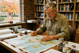 Géographe examinant une carte physique du monde avec des rapports géologiques sur un bureau universitaire encombré