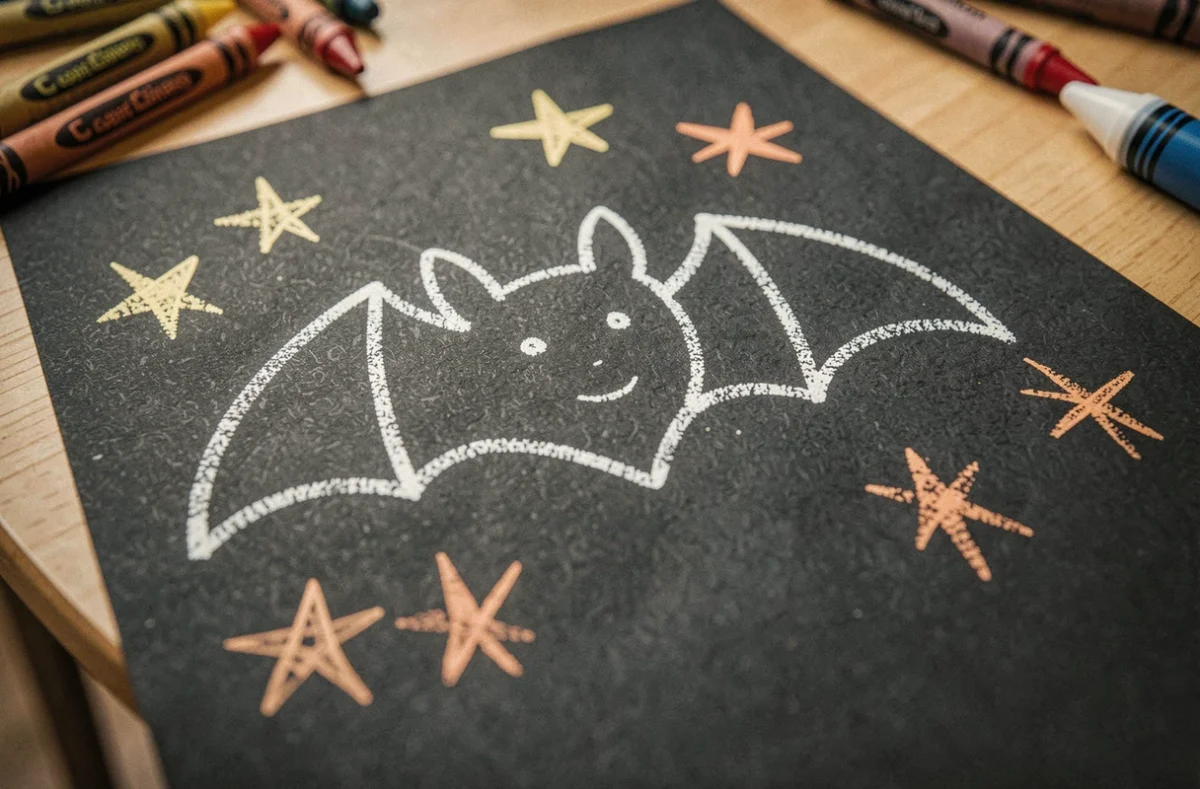 Gros plan d'un dessin de chauve-souris tracé à la craie blanche sur papier noir par un enfant de maternelle pour Halloween