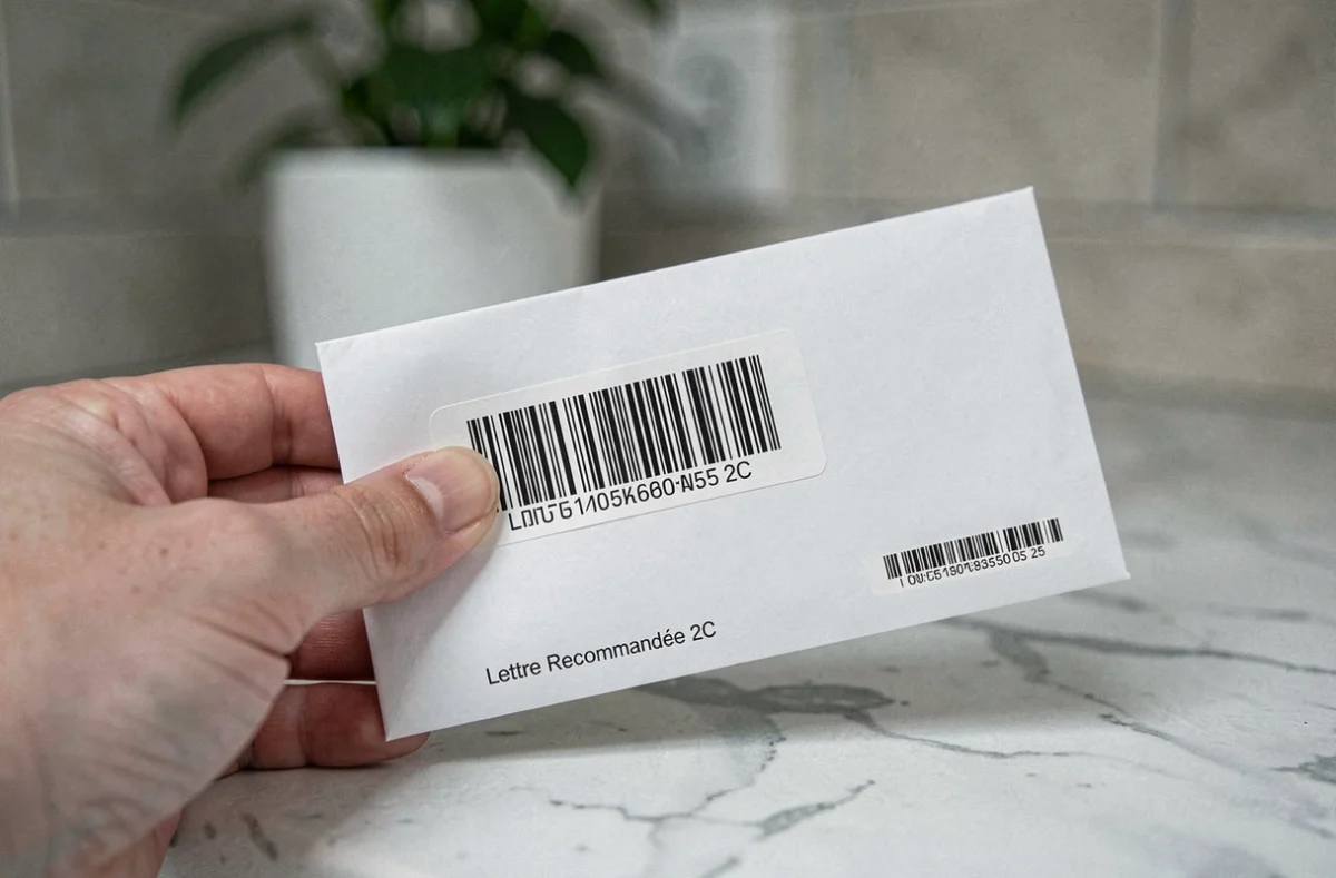 Gros plan sur une enveloppe de lettre recommandée 2C avec code-barres de suivi et adresse expéditeur visible
