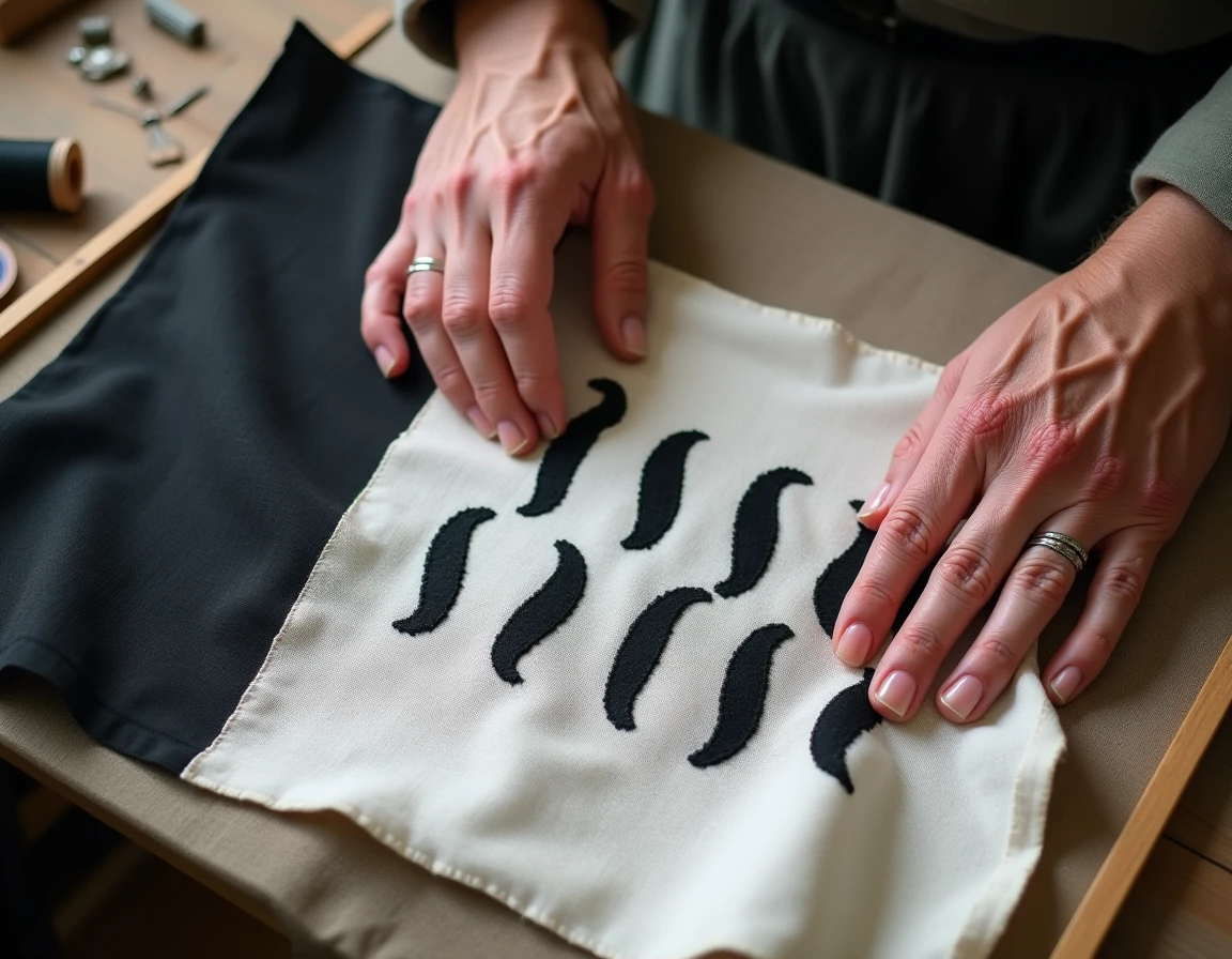 Gros plan sur les onze hermines brodées du drapeau breton Gwenn-ha-du tenu par des mains artisanales dans un atelier traditionnel