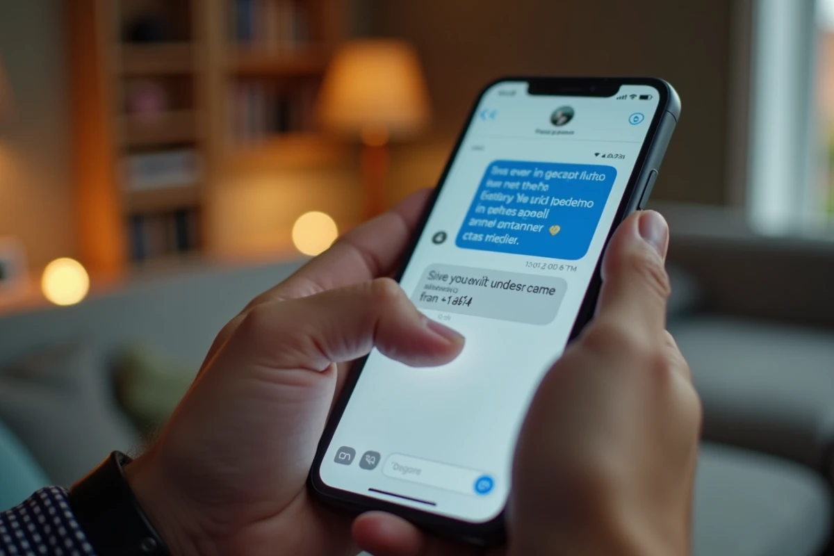 Gros plan d'un SMS frauduleux reçu depuis un numéro avec indicatif +44 sur un écran de smartphone