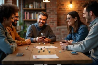 Groupe d'adultes jouant au 421 autour d'une table en bois dans un appartement convivial avec dés et feuille de scores