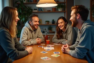 Groupe d'amis jouant à un jeu de cartes avec des verres sur une table en bois, illustrant la règle Palmier au jeu Alcool