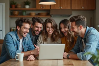 Jeunes adultes riant autour d'un ordinateur dans la cuisine