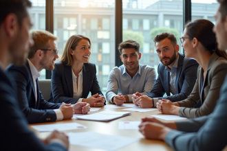 Groupe de professionnels dans un bureau moderne discutant