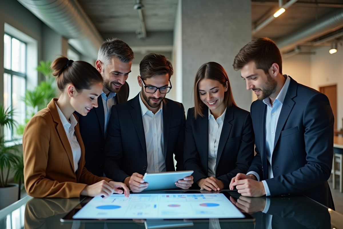 Groupe de professionnels collaborant autour d'une tablette
