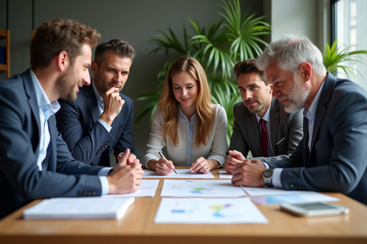 Groupe de professionnels en réunion dans un bureau lumineux