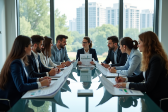 Groupe de professionnels discutant de rapports durabilite