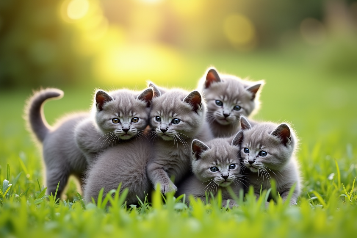 Groupe de chatons russe blue jouant dans un jardin ensoleille