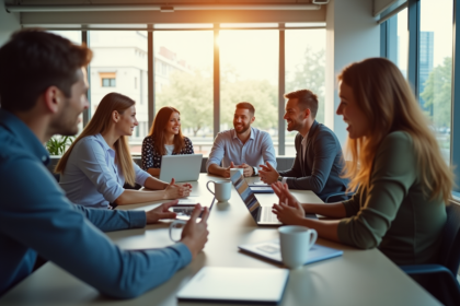 Groupe de personnes en réunion dans un bureau lumineux
