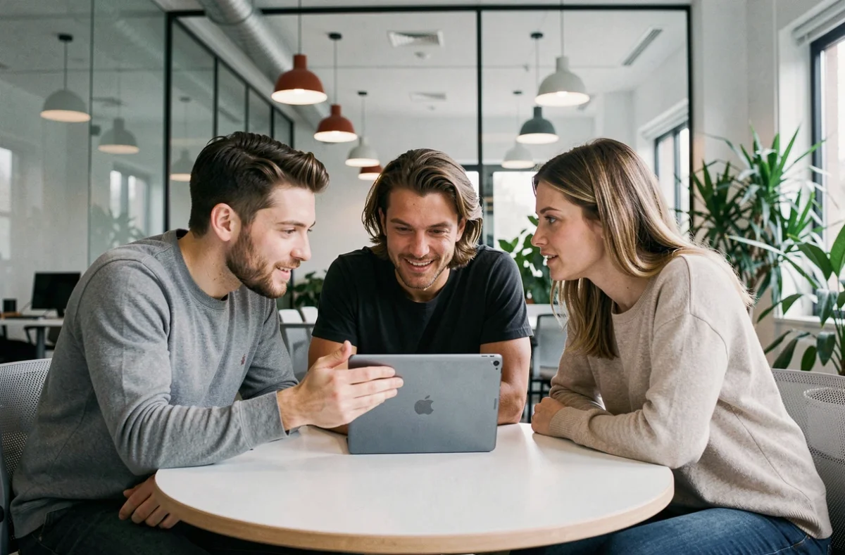 Groupe d'utilisateurs discutant de leur expérience avec une application numérique dans un espace de coworking