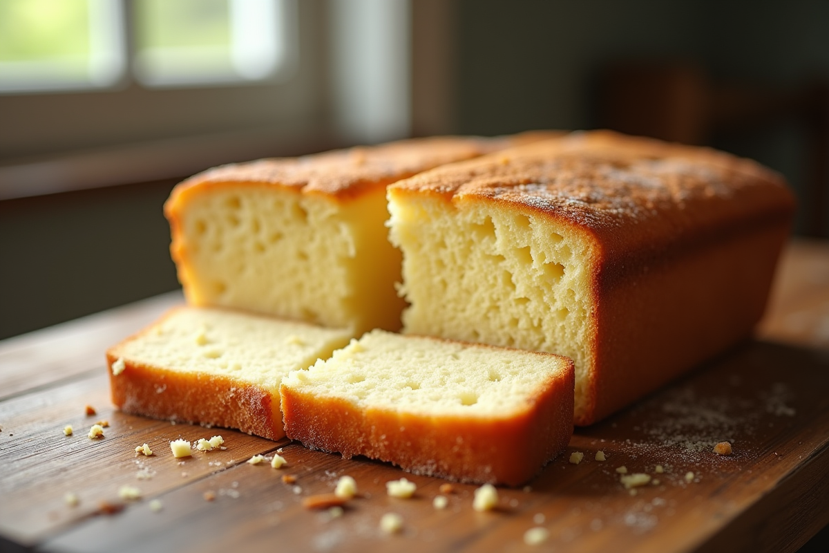 Gâteau éponge nature tranché sur table en bois