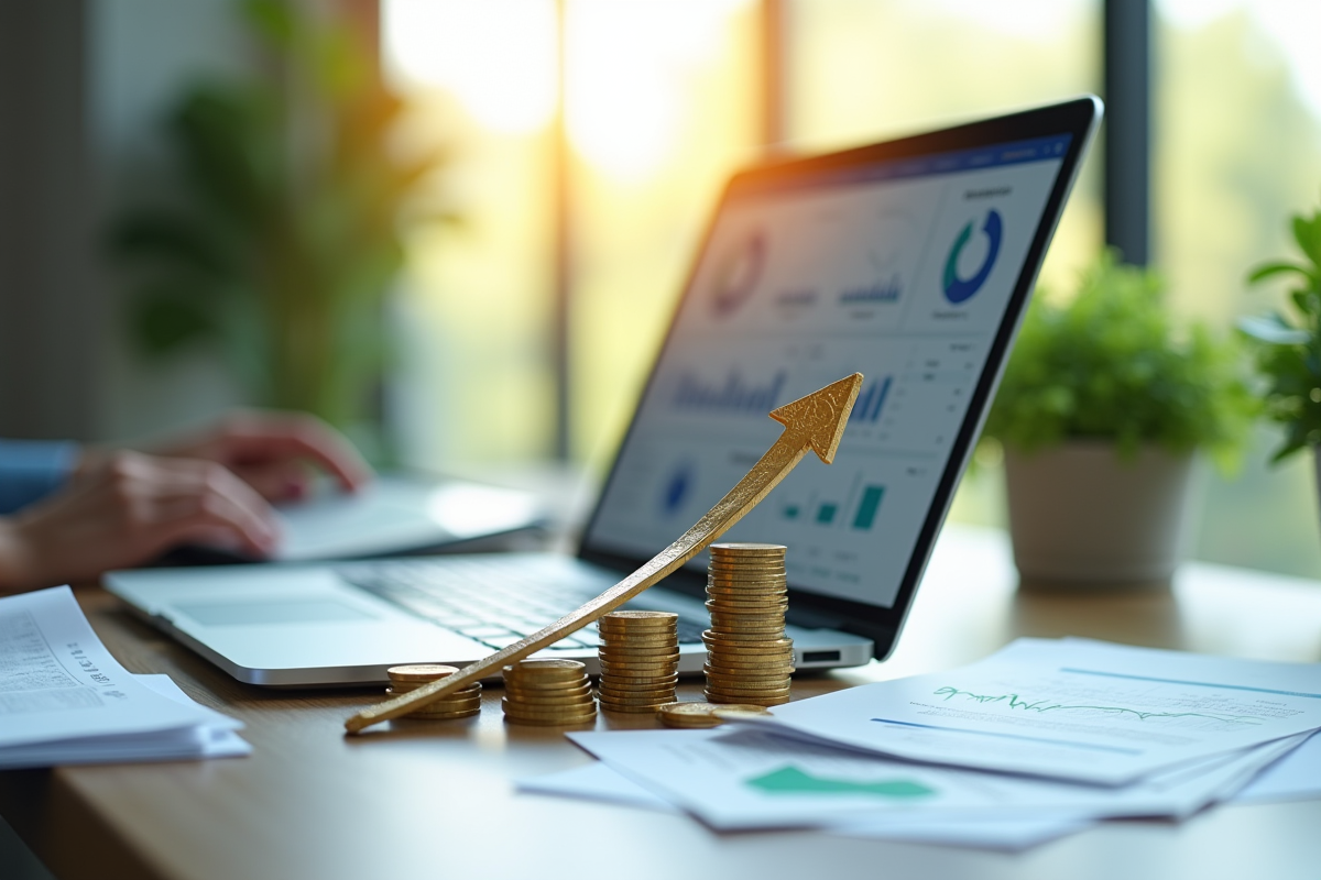 Flèche ascendante sur des pièces et documents financiers