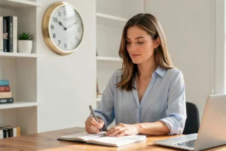 Femme consultant une horloge analogique indiquant 9h15 AM dans un bureau à domicile, illustrant la notion d'heure du matin en anglais