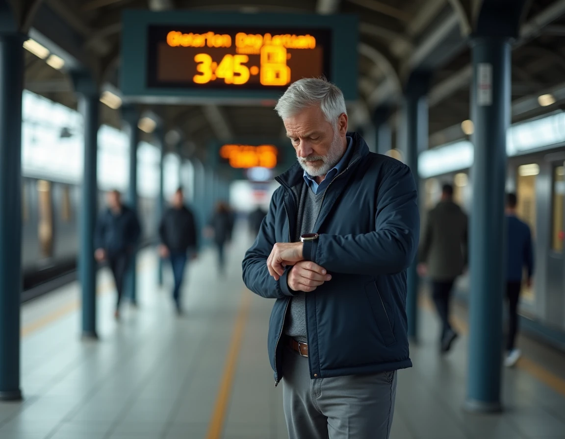 Homme vérifiant sa montre affichant 15h45 PM dans une gare urbaine, avec un panneau de départs en format 12 heures visible en arrière-plan