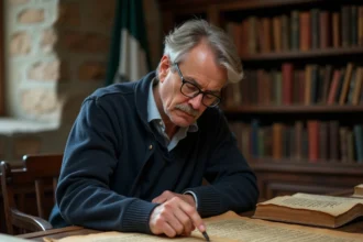 Historien examinant un parchemin médiéval avec le drapeau breton aux hermines visible en arrière-plan dans une salle d'archives universitaire