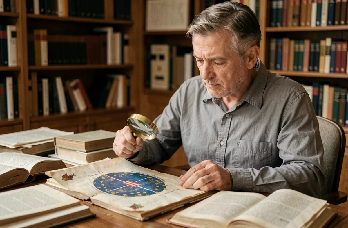 Historien examinant un manuscrit ancien avec des étoiles en cercle, évoquant la recherche sur les origines religieuses et politiques du symbole de l'Union européenne
