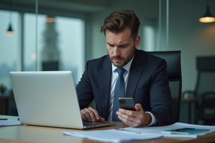 Homme d'affaires en bureau regardant son écran