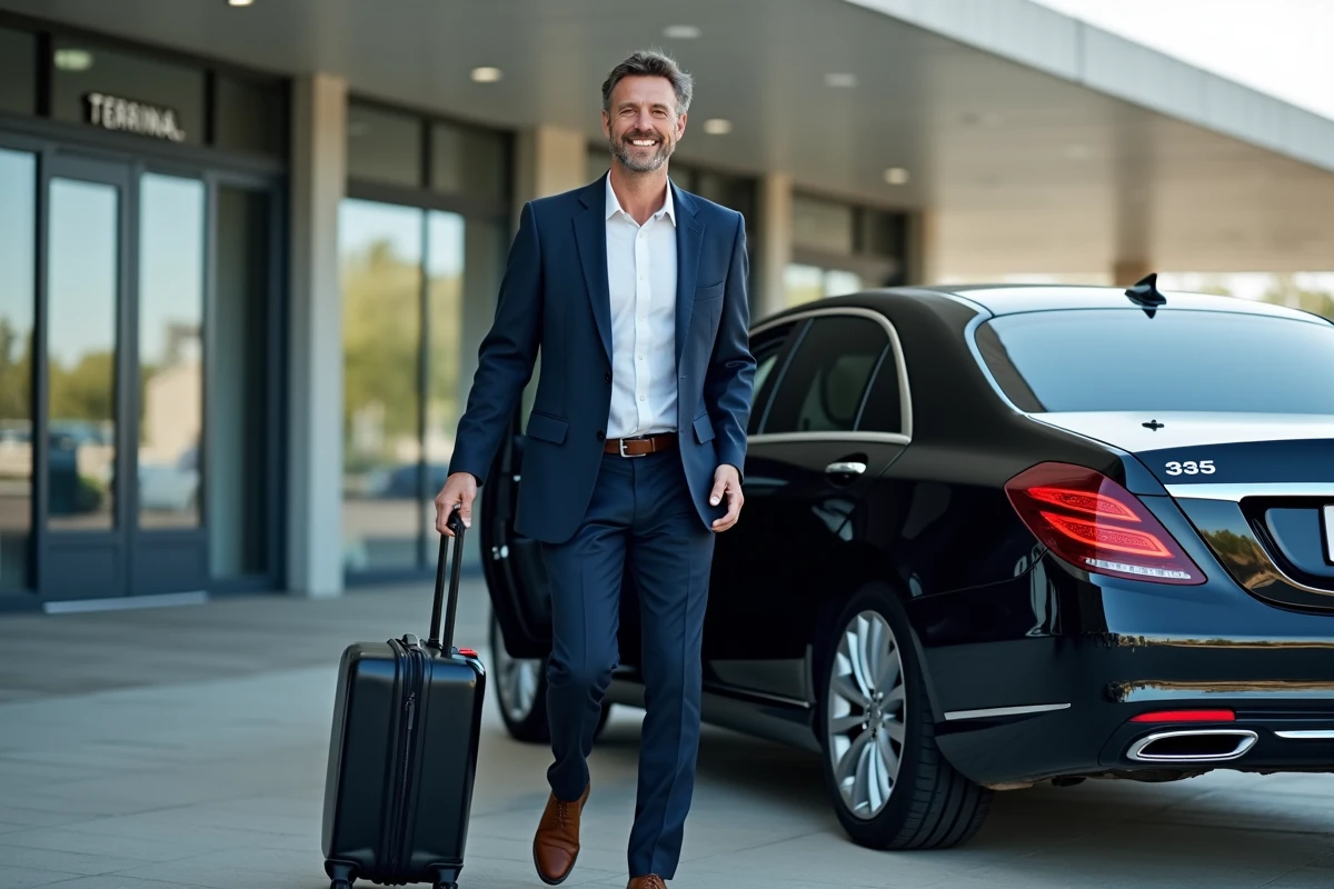 Homme d'affaires souriant sortant d'une voiture de luxe à l'aéroport