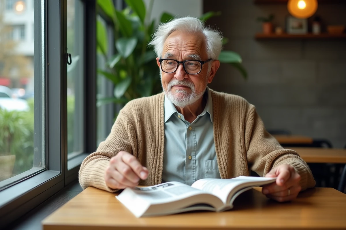 Homme âgé lisant manga dans un café moderne et lumineux