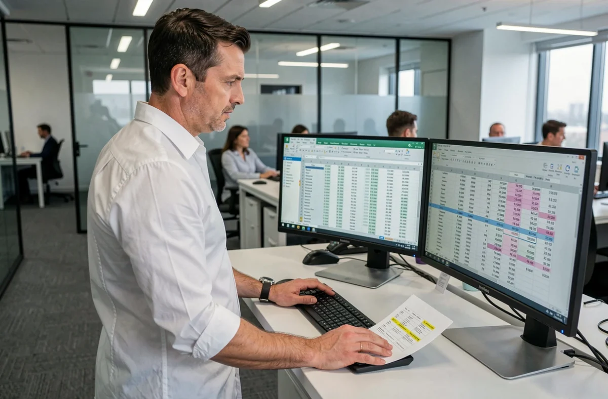 Homme en bureau moderne vérifiant des erreurs de conversion temps sur tableur informatique