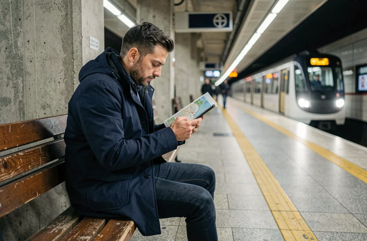 Homme consultant une carte de métro hors ligne sur smartphone assis sur un quai de métro à Lyon