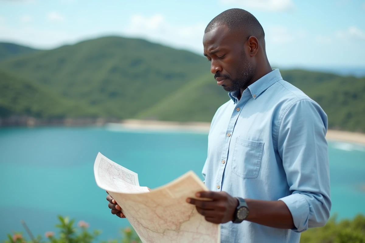Homme d'origine africaine consultant une carte papier devant un paysage côtier évoquant Mayotte et le lagon mahorais