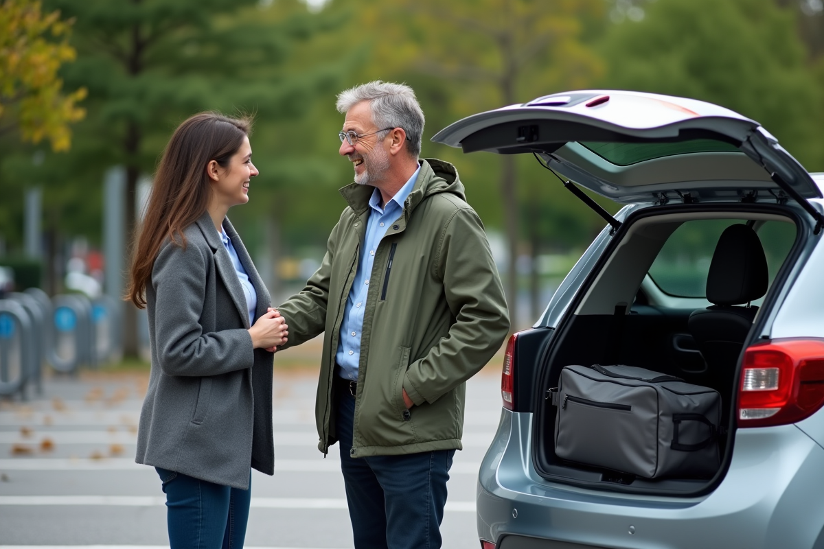 Homme chargé un sac dans le coffre d