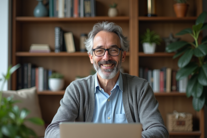 Homme d'âge moyen en visioconference dans un bureau cosy
