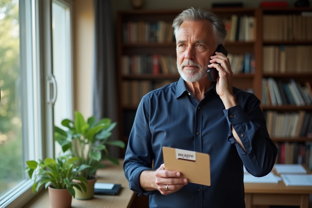 Homme en télétravail contactant Amazon par téléphone pour un remboursement en tenant un bon de retour imprimé