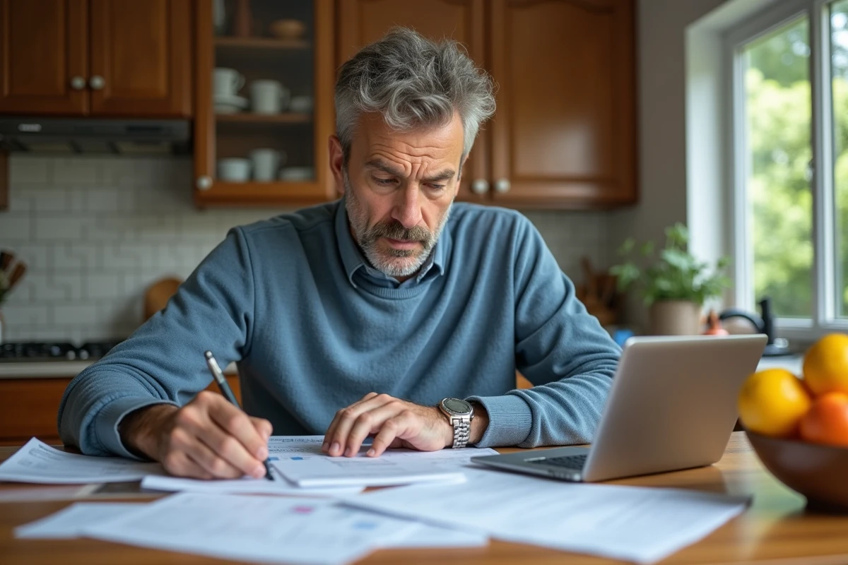 Homme calculant ses finances dans une cuisine familiale