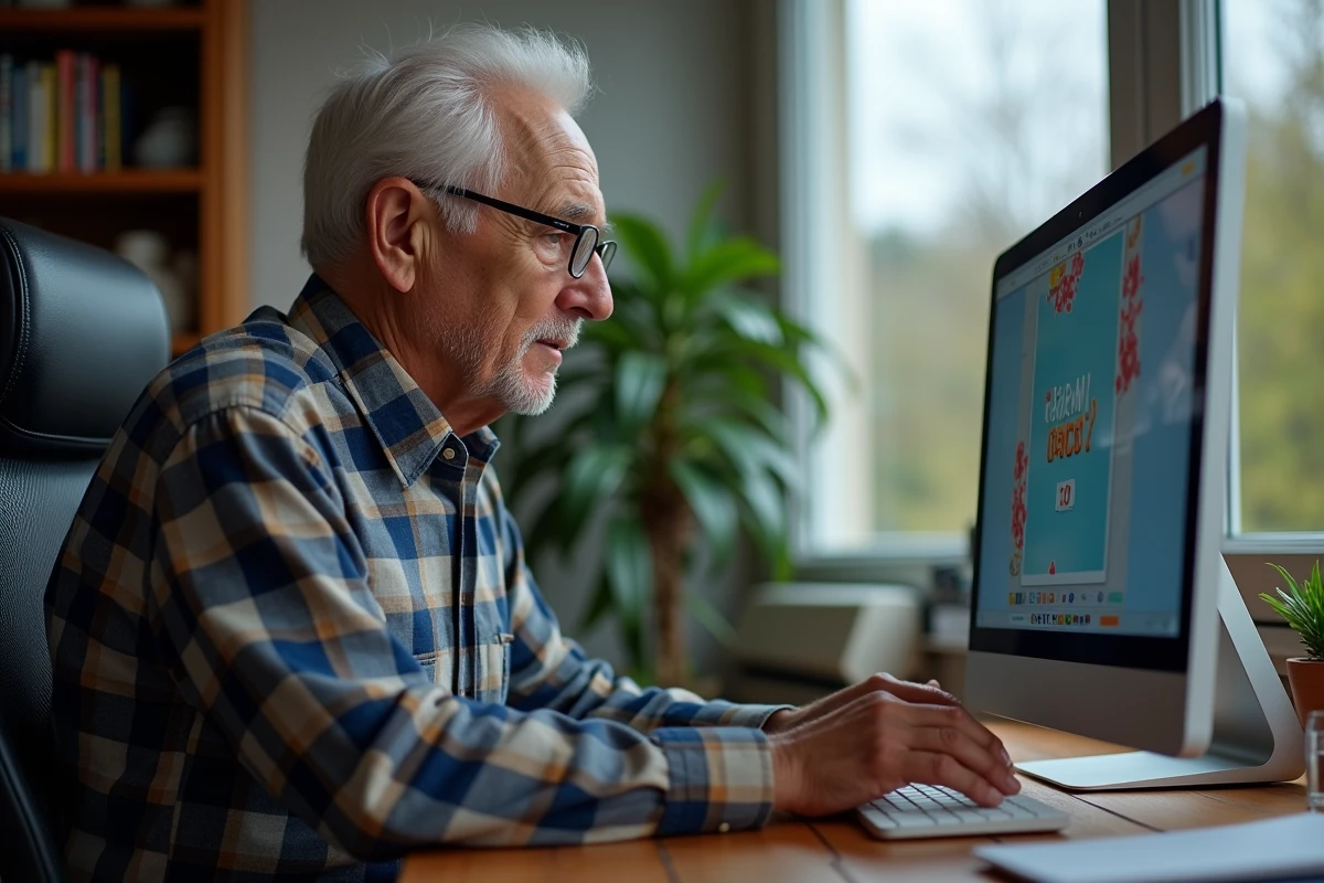 Homme âgé jouant à Candy Crush sur son ordinateur dans un bureau