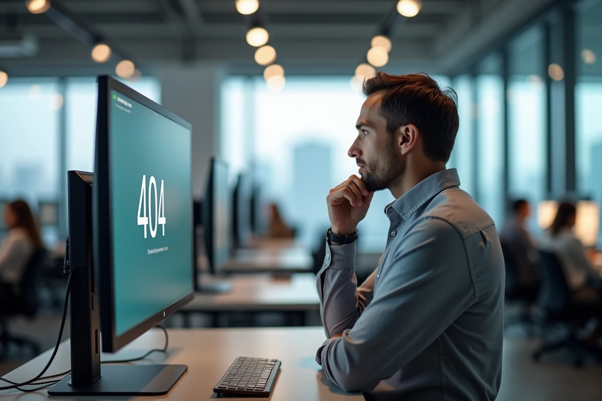Homme professionnel face à une page d'erreur 404 sur son écran dans un bureau en open space