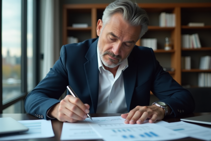 Homme d'affaires concentré sur documents financiers