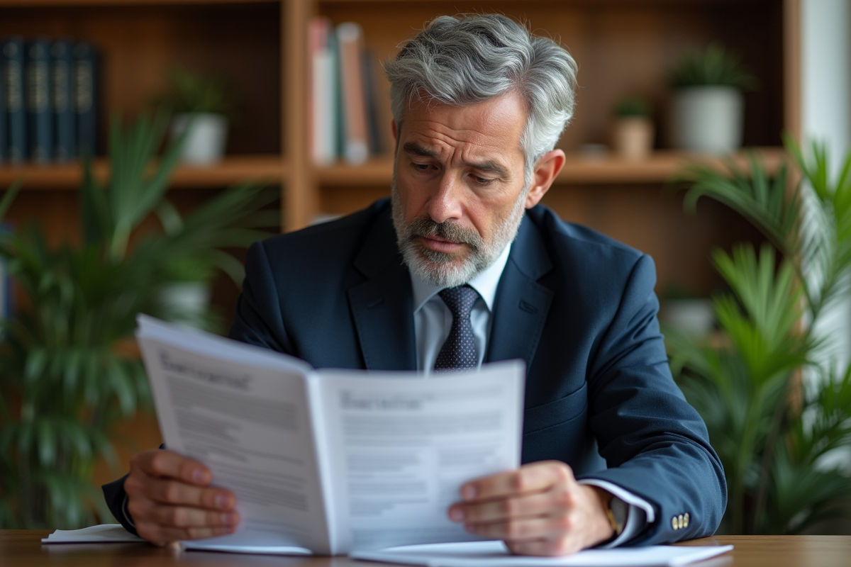 Homme d'âge moyen en costume réfléchissant avec prospectus financier