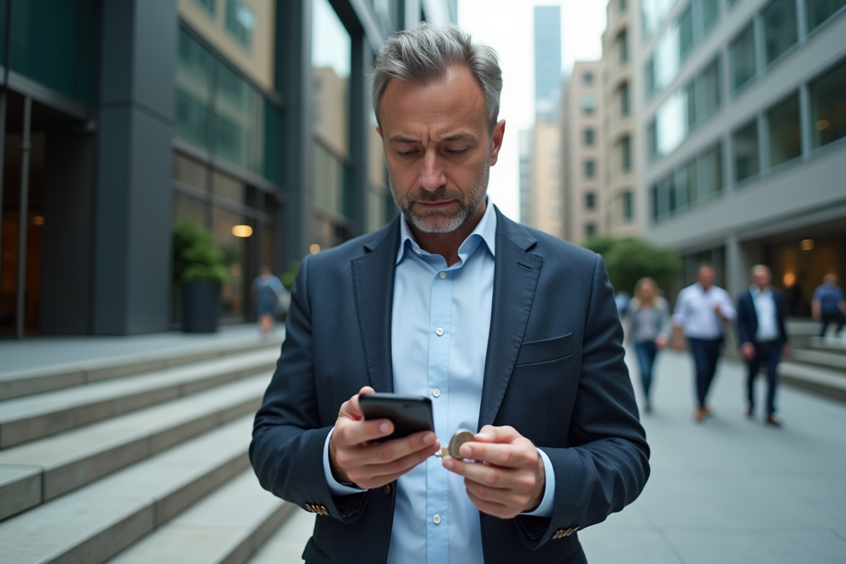 Homme d affaires regarde son smartphone devant un immeuble