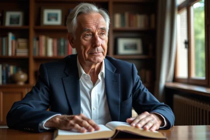 Homme d'environ 70 ans en blazer bleu dans un bureau cosy