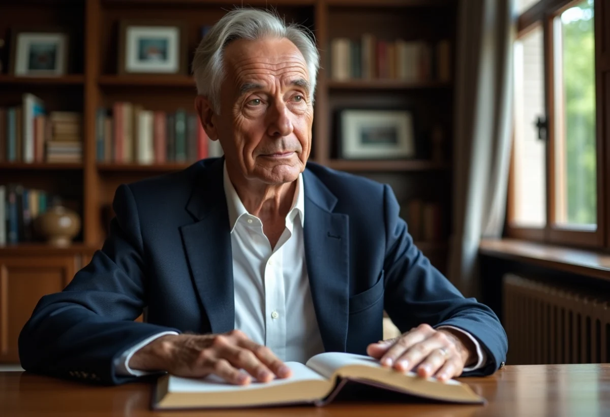 Homme d'environ 70 ans en blazer bleu dans un bureau cosy