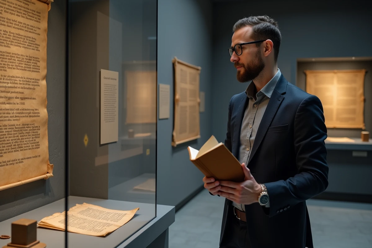 Homme comparant un roman médiéval à une exposition de manuscrits dans un musée d'histoire