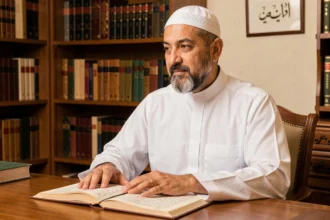 Homme musulman lisant un livre de calligraphie arabe avec l'expression Allahouma barik, assis dans un bureau studieux