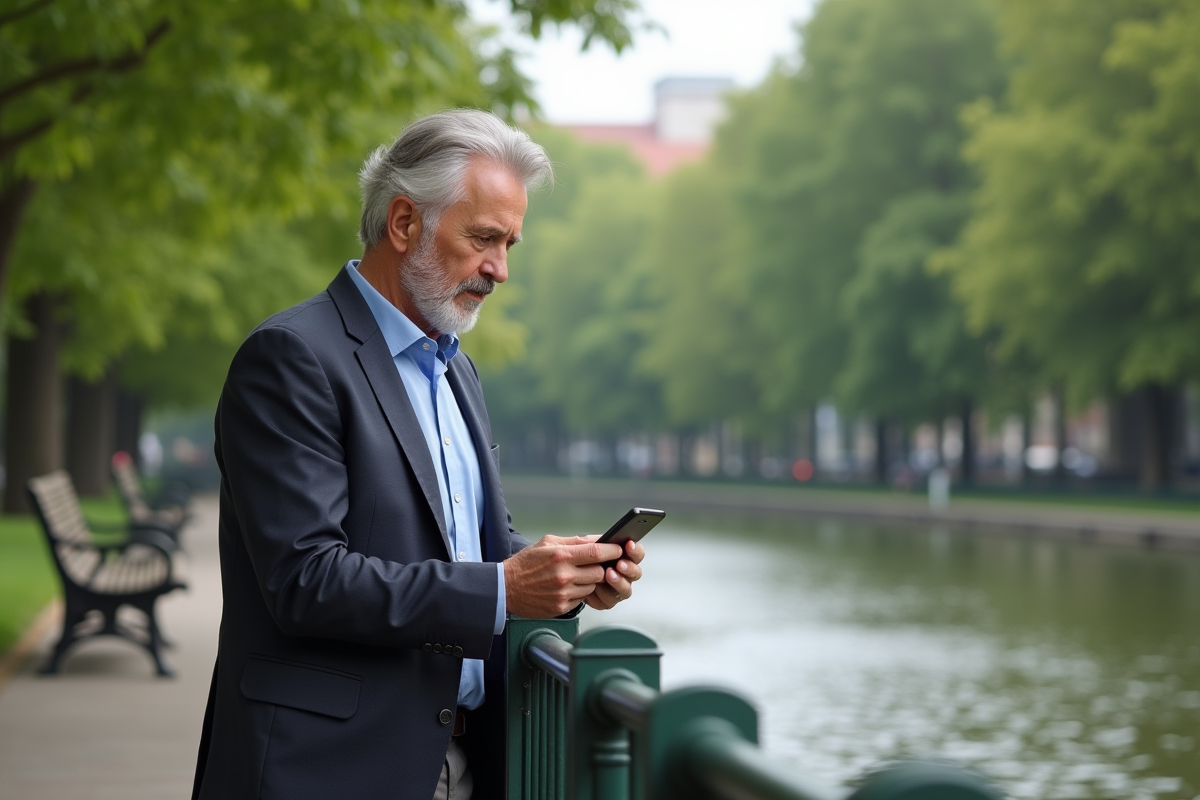 Homme pensif regardant son calendrier dans un parc