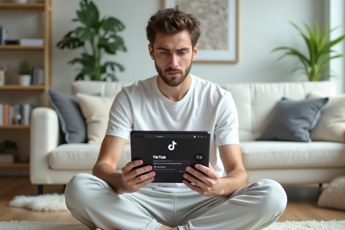 Jeune homme perplexe sur un canapé consultant son profil TikTok avec beaucoup d'abonnés mais peu de vues réelles