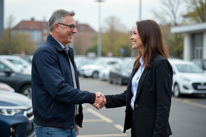 Homme d'âge moyen serrant la main d'une vendeuse de voitures d'occasion