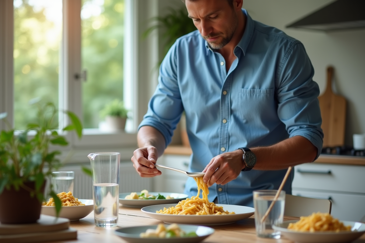 Homme servit pasta dans une salle à manger lumineuse