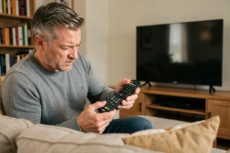 Homme examinant une télécommande Freebox avec une expression perplexe dans son salon moderne