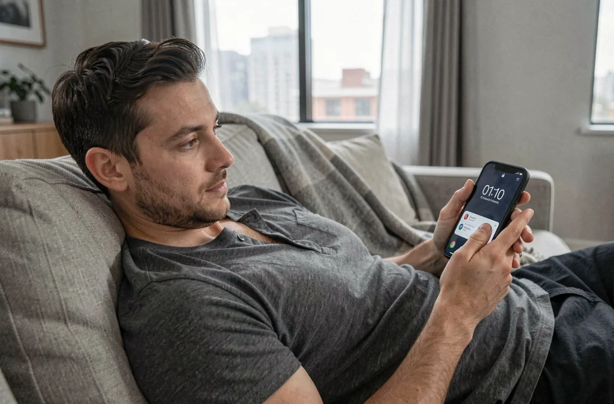 Homme regardant son téléphone affichant 01h10 allongé sur un canapé, illustrant la récurrence du nombre miroir 0110
