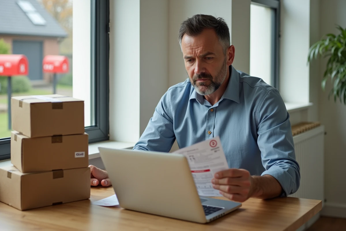 Homme étudiant ses colis GLS dans la cuisine