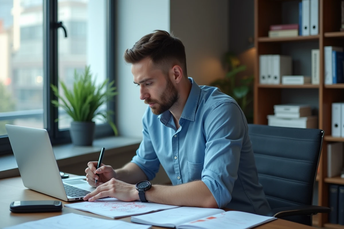 Homme en bureau étudiant un champ électrique sur un carnet