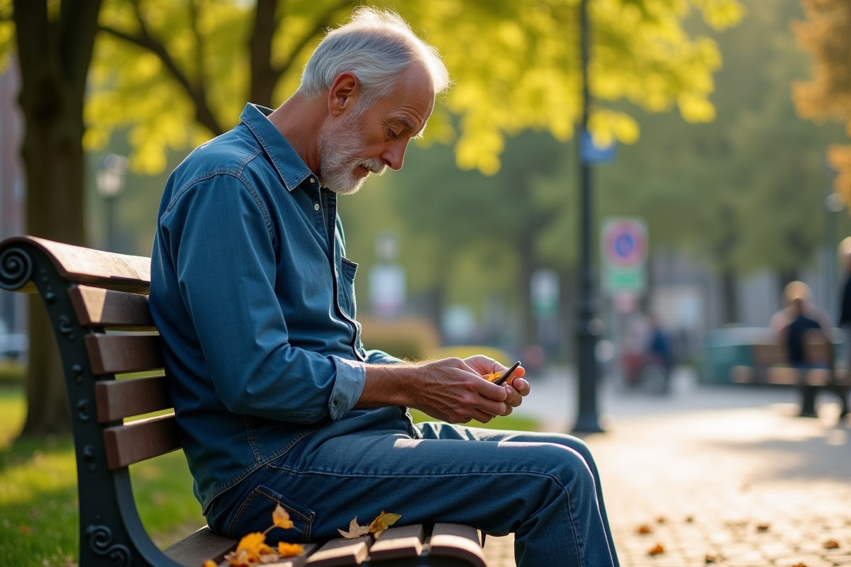 Homme vérifiant une étiquette de vêtement dans un parc urbain