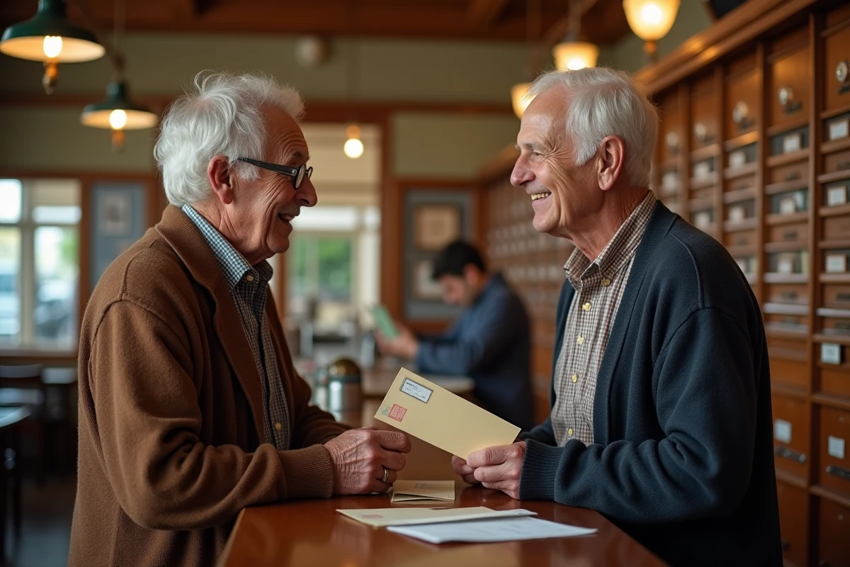 Homme âgé discutant avec un agent postal dans un bureau ancien